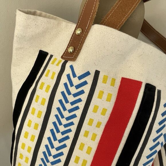 MIDORI Los Angeles Havana Striped Canvas Tote Bag Leather Straps African Print - Picture 6 of 12